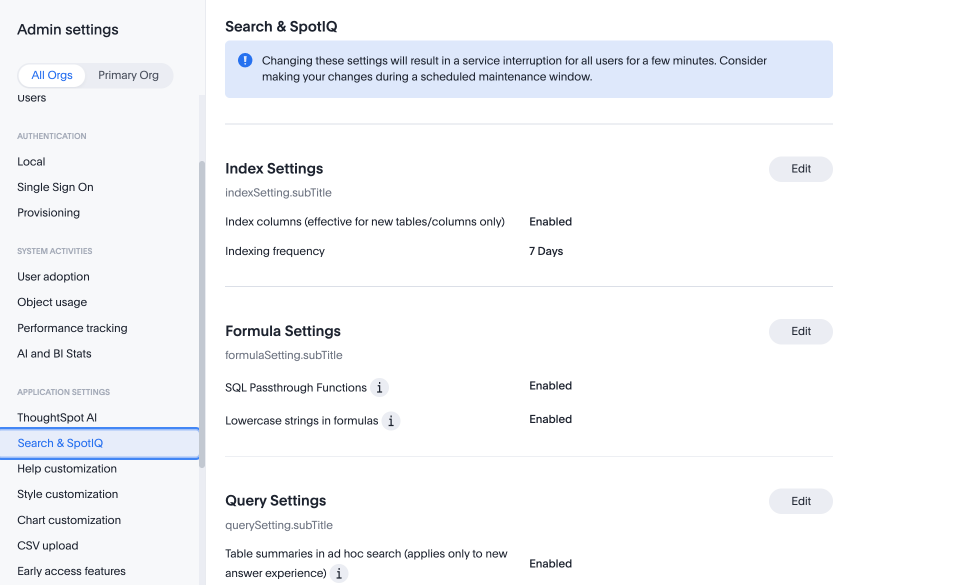 Admin Console - Search & SpotIQ settings