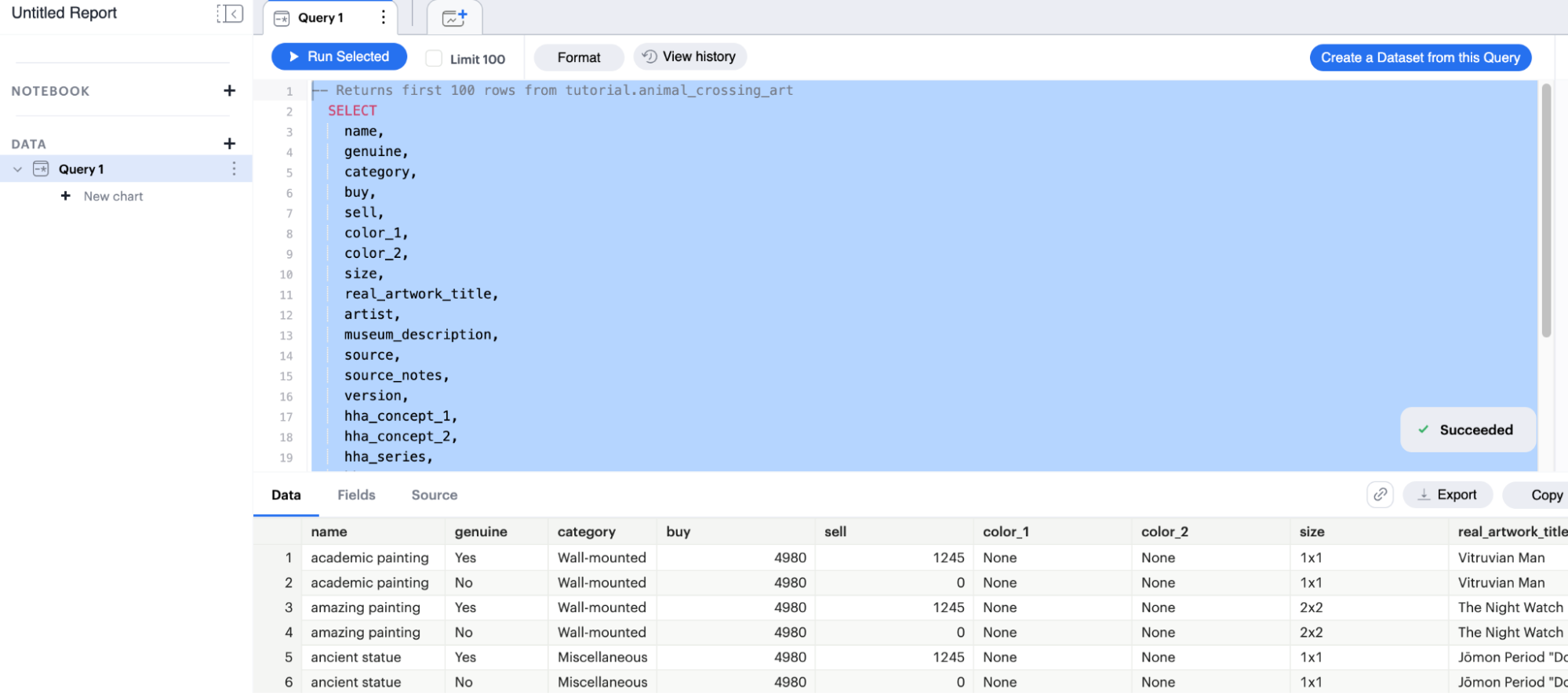 Click "Create a Dataset from this Query"
